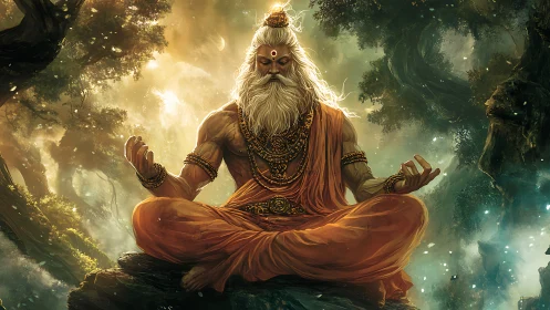 Forest sage in golden meditation beneath glowing canopy.