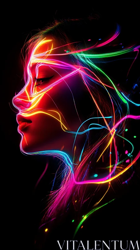 Neon contour lines define a female profile against black space