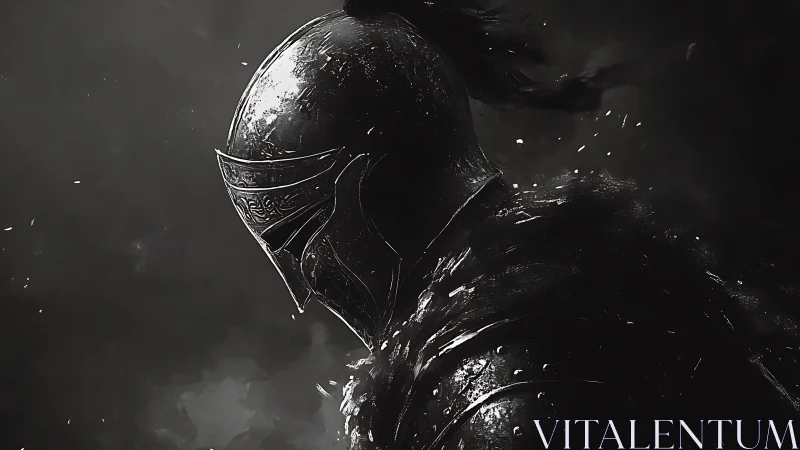Dark armored knight profile in high contrast monochrome.