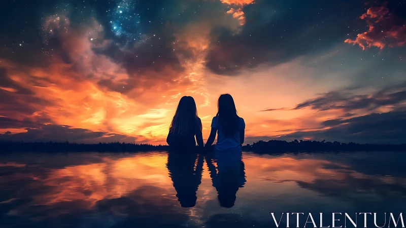 Warm sunset sky embracing two friends by quiet water.