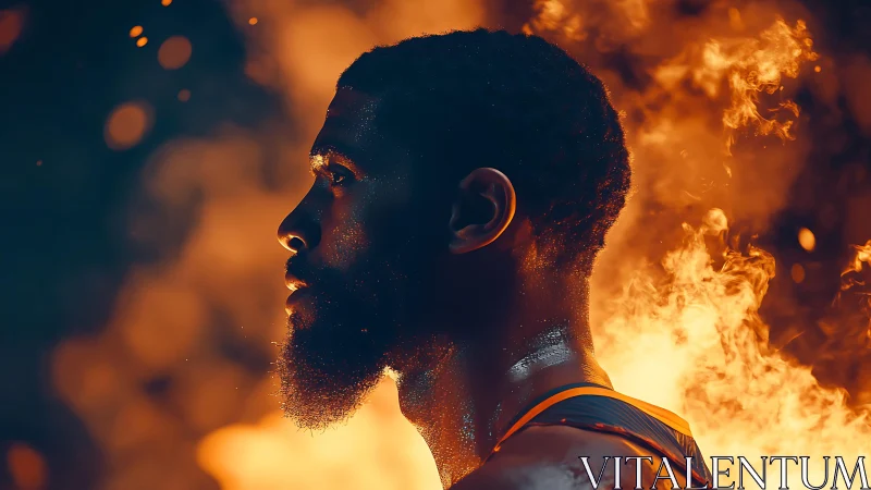 Profile of determined athlete emerging from blazing fire.