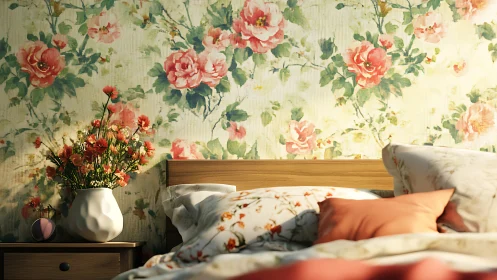 Floral wallpapered bedroom shows bed, pillows and bedside table