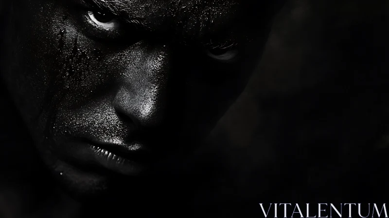 Human face in extreme low key lighting reveals wet texture