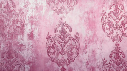 Pink damask wallpaper with distressed textured pattern.