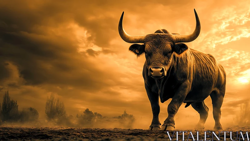 Charging bull under molten sunset sky in dusty landscape.