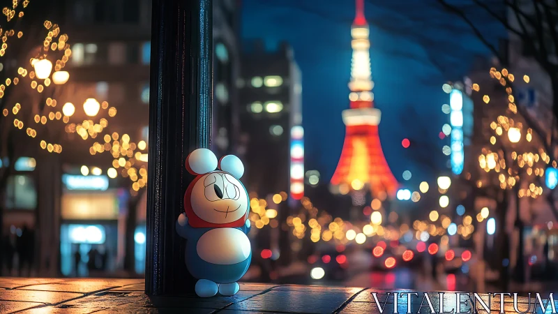 Cartoon character leans on lamppost in night city street