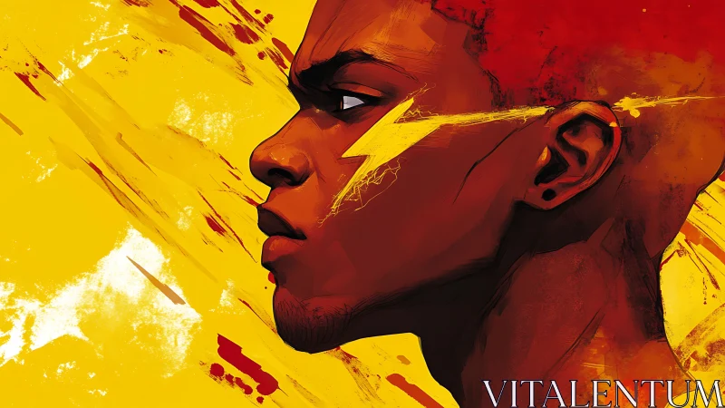 Voltage gaze in crimson and gold, a storm trapped mid-sprint.