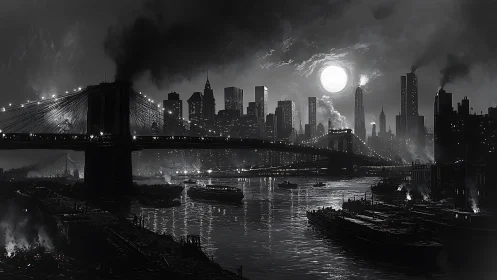 Noir industrial riverfront under moonlit metropolitan skyline.