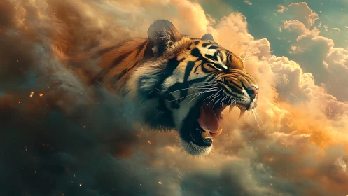 Stormborn sky tiger roars through burning cloud kingdoms.