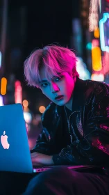 Person using laptop in neon lit urban night setting.