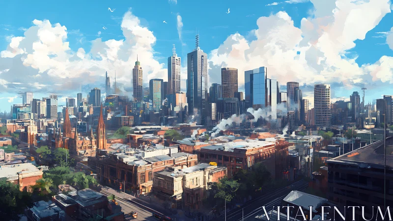 Digital cityscape shows layered urban skyline under clouds