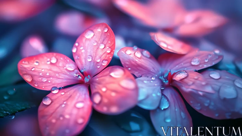 Delicate petals glisten with morning dewdrops in vibrant pink and purple