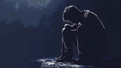 Moonlit silhouette of solitude cradling quiet inner storms.