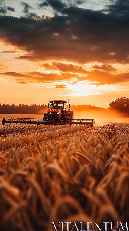 Harvest combine cuts golden wheat under blazing sunset sky.