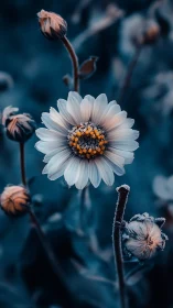 White Daisy Golden Center Frost Bloom Against Teal