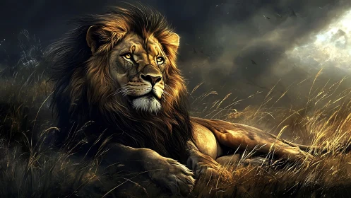 Regal male lion reclines in dramatic, backlit savanna storm
