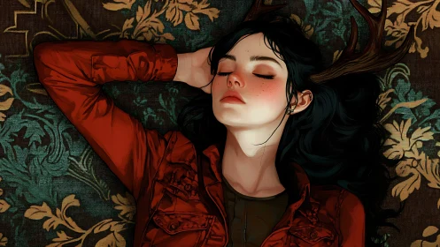 Forest dreamer with antlers drifts on embroidered dusk