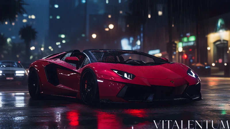 Sleek red supercar glowing on a rainy neon city street.