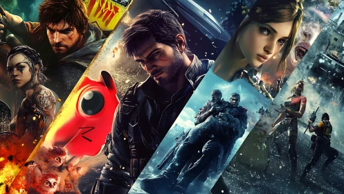 Collage of intense action game characters and scenes.