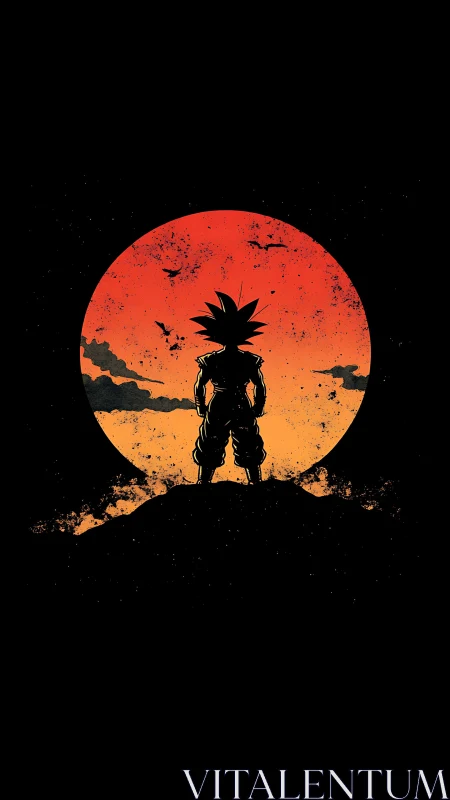 Lone warrior crowns a burning sunset moon of power.