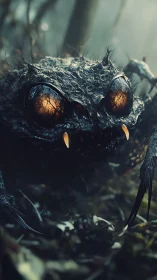 Monster creature crouches in misty forest ground cover