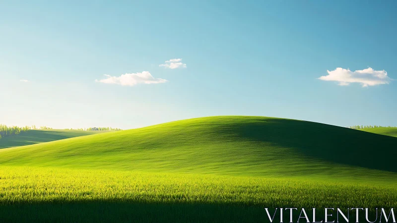 Sunlit parabolic grassland ridge under clear atmospheric sky.