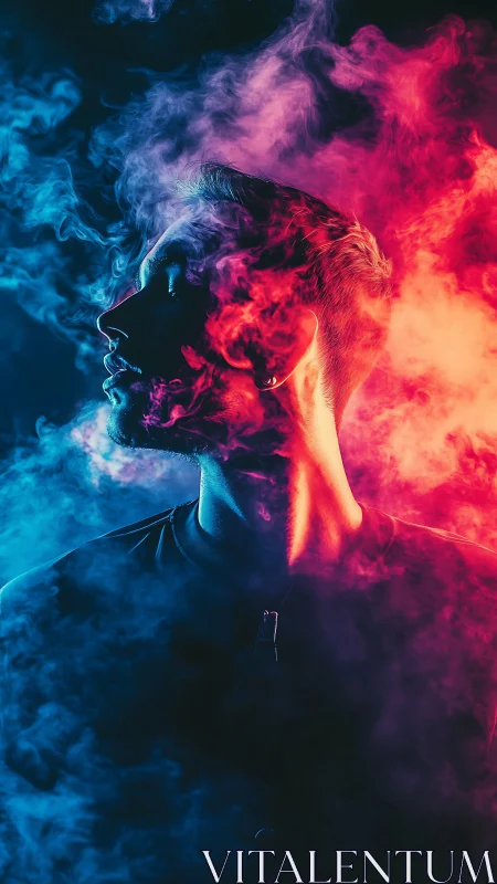 Bicolor volumetric portrait in opposing cyan–magenta haze.