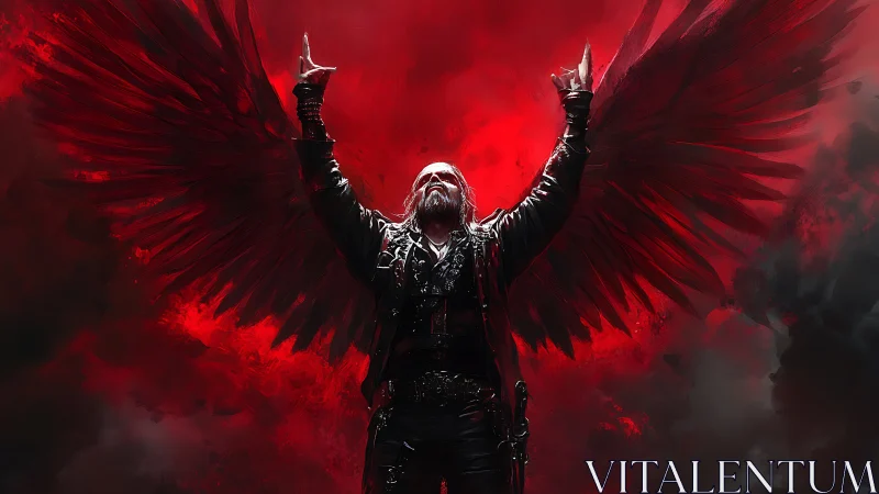 Dark angel rock figure rises against burning red sky