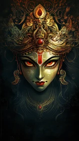 Gilded goddess gaze ignites the dark with ember stillness.
