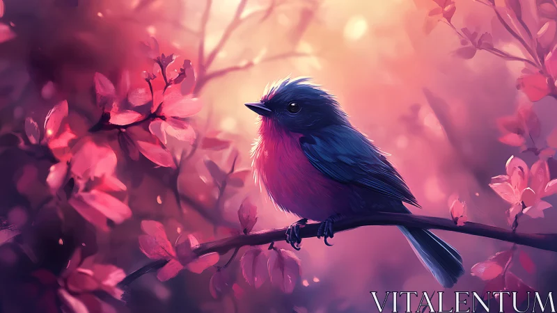 Vibrant Blue and Pink Songbird on Branch in Dreamy Digital Art.