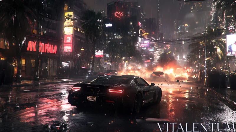 Neon storm chase with supercar slicing through wet midnight streets.