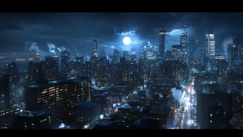 Moonlit cyberpunk skyline glows above rain-slick streets.