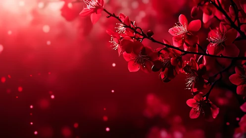 Red blossoms on dark branch against bokeh background
