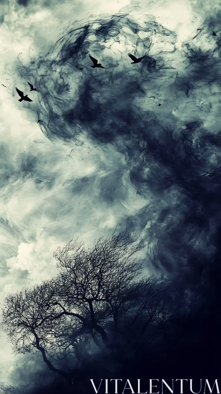 Nocturnal stormscape with silhouetted trees and rising crows.