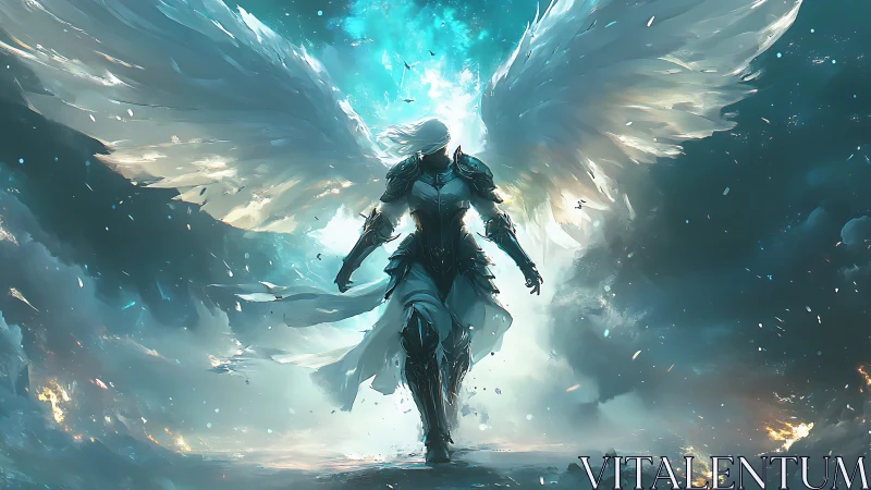 Armored celestial warrior emerging through radiant stormlight