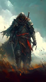 Armored warrior with sword in windswept fantasy landscape.