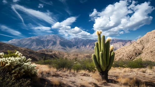 Towering desert cactus rises beneath sweeping mountain skies