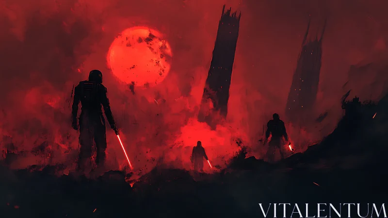 Crimson warriors beneath collapsing towers and burning sun.