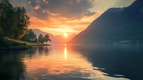 Lacustrine sunset over forested fjord slopes and shoreline dwellings.