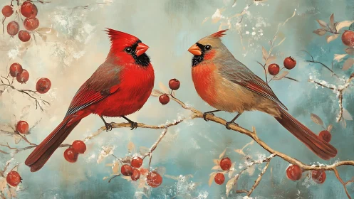 Pair of Cardinals on Berry Branch in Soft Pastel Art Style.