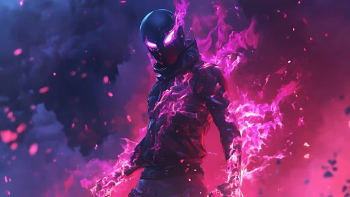Hooded humanoid figure stands engulfed in vivid purple flames