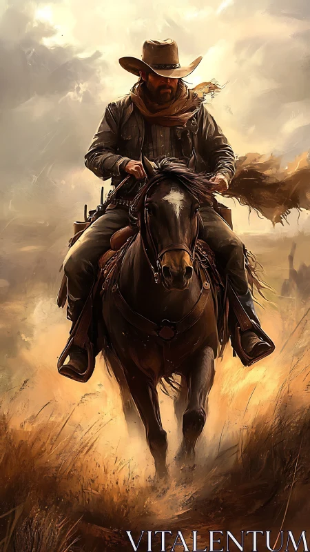 Cowboy on horseback moving through dusty prairie terrain.