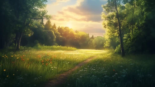 Sunlit forest meadow path under warm glowing evening sky.