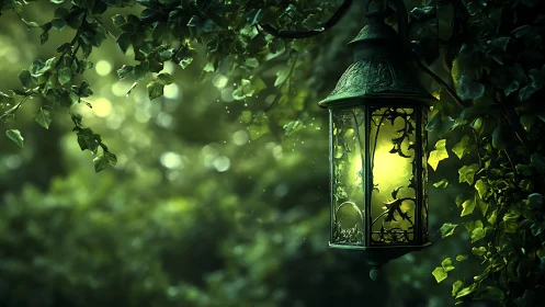 Enchanted forest lantern glowing in lush green foliage.
