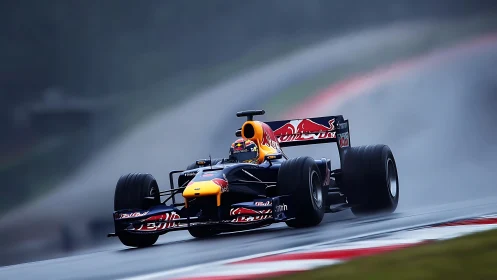Formula race car cuts through wet track in high-speed fog