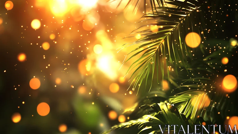 Sunlit palm leaves and golden sparkles in a dreamy glow.