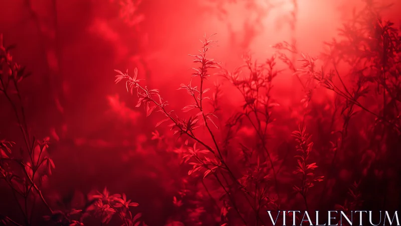 Red mist drifts around delicate plants in dreamlike light.