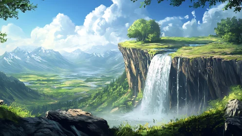 Clifftop waterfall spills into vast sunlit mountain valley.
