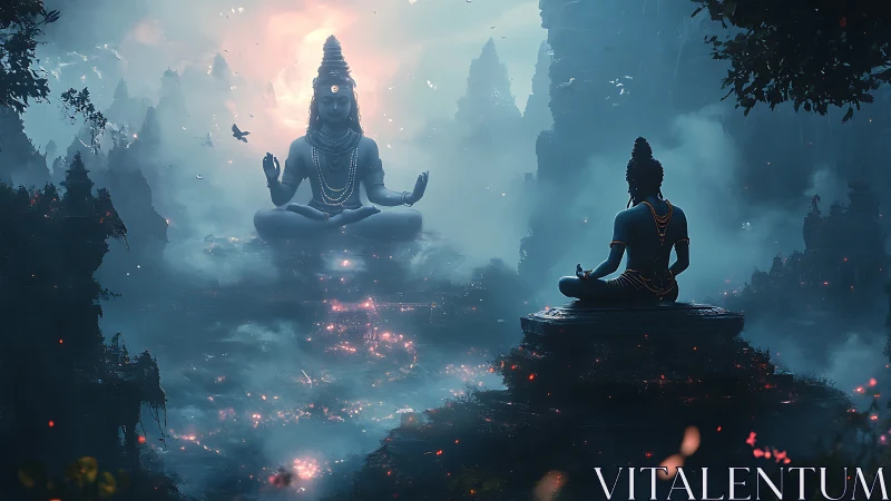 Mystic deity in foggy valley meets meditating devotee.