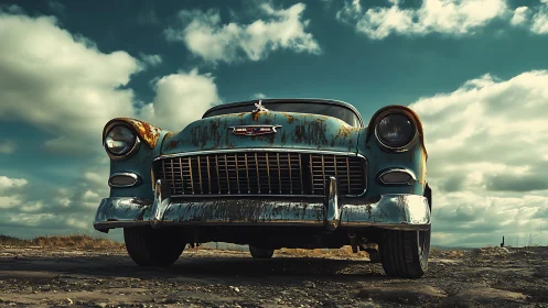 Rusty blue classic car stands on rough ground under clouds
